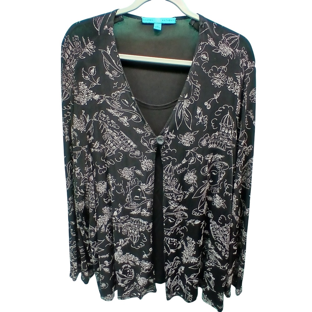 Sharon Anthony 1X Black Silver Metallic Floral Layered‎ Cardigan Top Whimsigoth